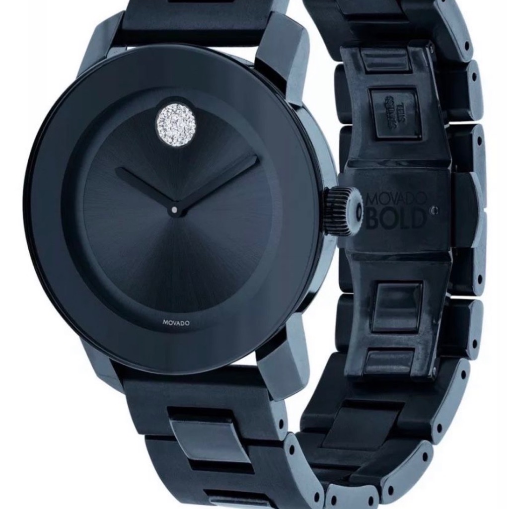 Movado Blue Black Stainless Steel Watch With Diamond Accent